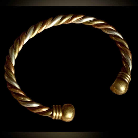 Tri Color Metal Twisted Open End Magnet Mens Cuff Bracelet Copper Brass Silver - Picture 6 of 6